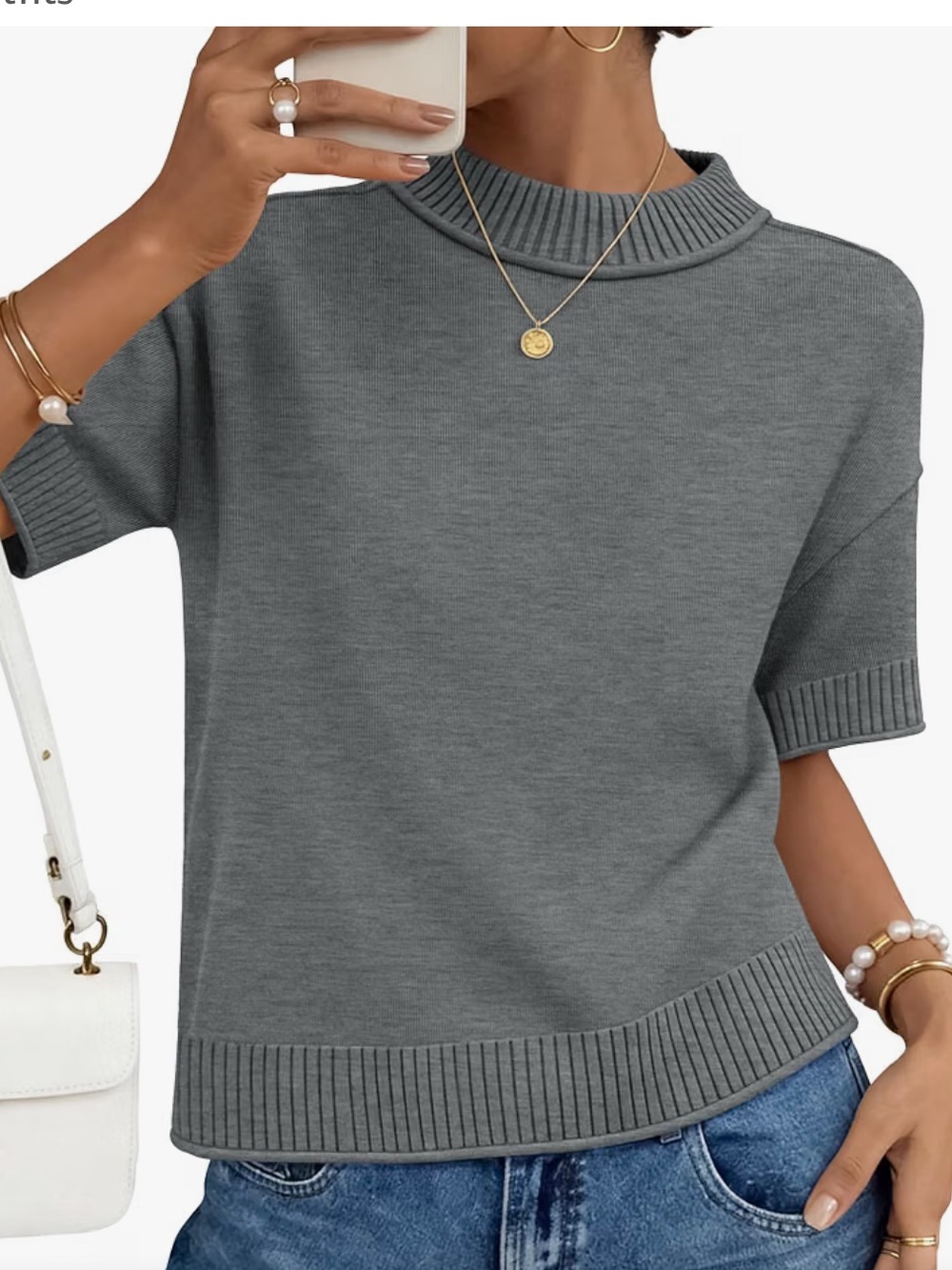 🍂Gray Short-Sleeve Knit Sweater Top - Casual Women's Pullover